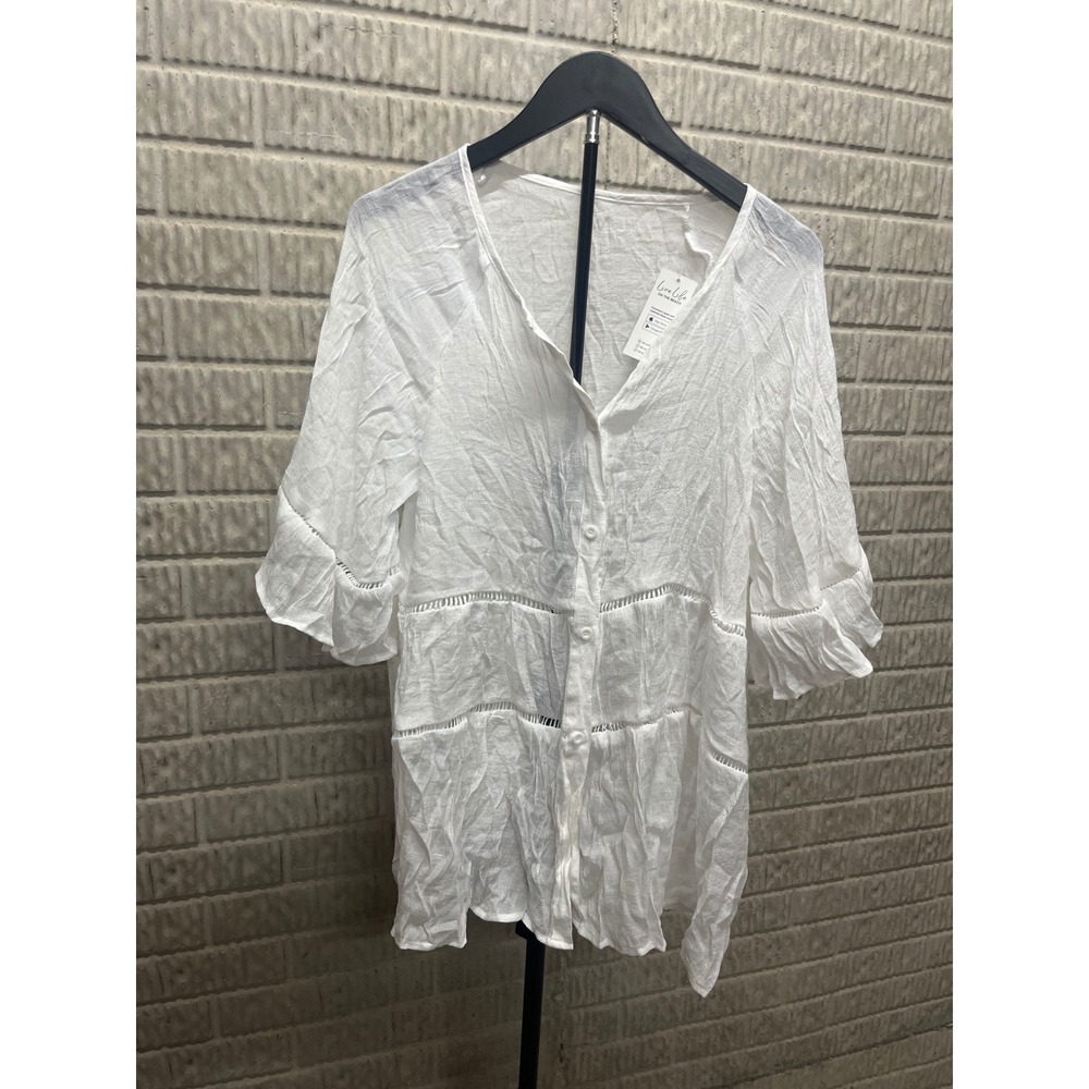 Cupshe White Gauze Button Down Swim Cover Up Tiered Boho‎ Lace Small NEW